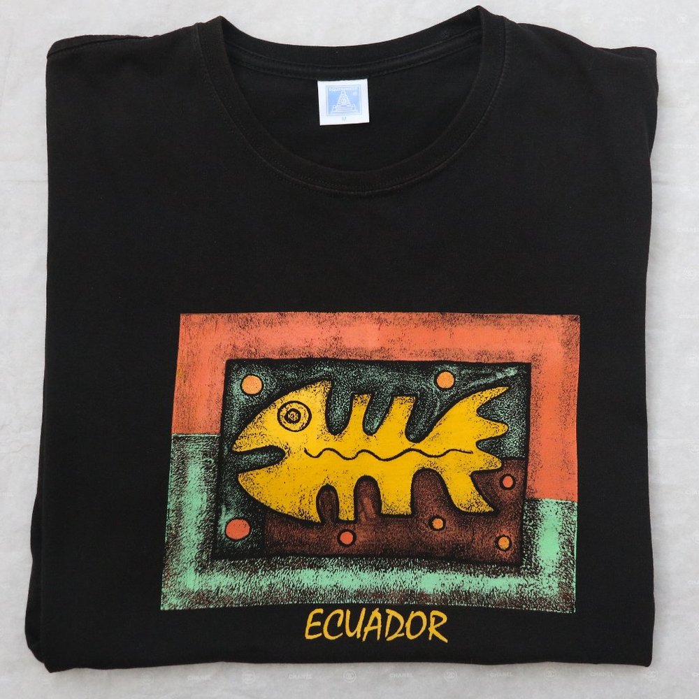 Ecuador Fish Stamp Graphic Black T-Shirt M 100% Cotton Novelty